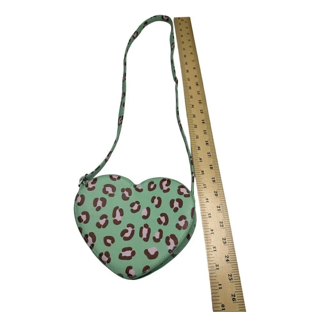 Mint green pink & brown leopard print‎ heart crossbody purse